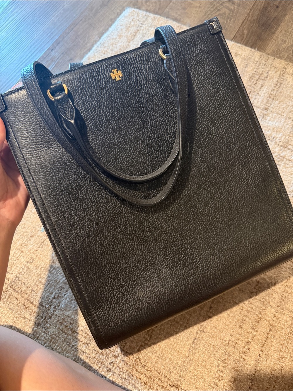 Tory Burch Black Pebbled Leather Structured Tote with Gold Logo